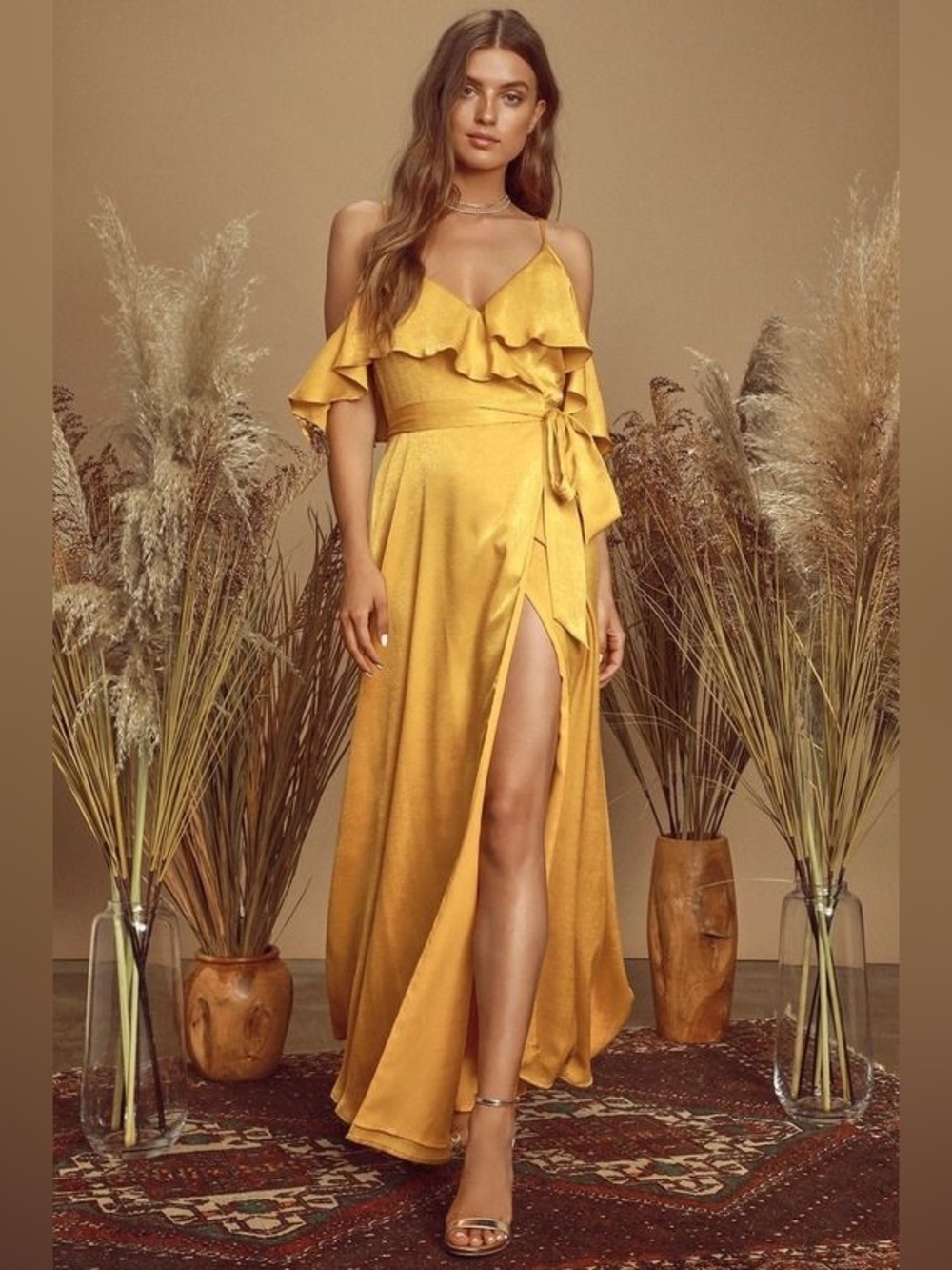 Lulus Moriah Mustard Yellow Satin Wrap Maxi Dress NWT